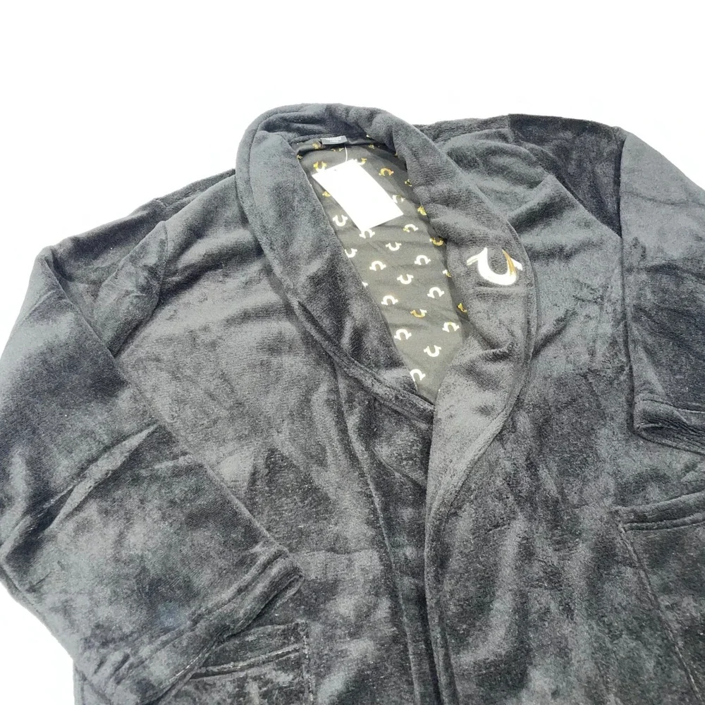 True Religion Mens Black Gold Horseshoe Plush Fleece Loungewear Robe Large NEW